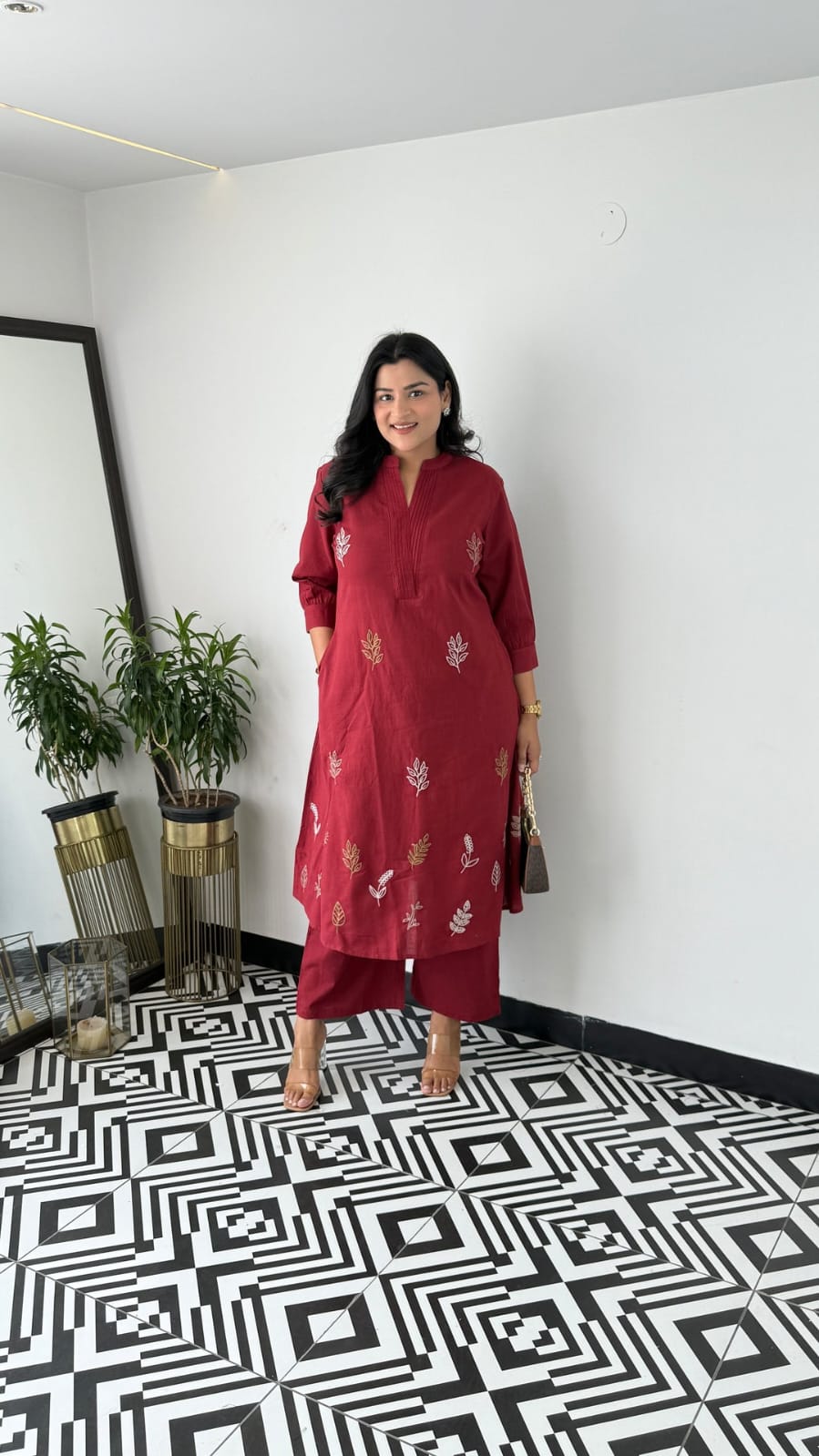 Cotton Collared Embroidered Kurta Pant Cord Set