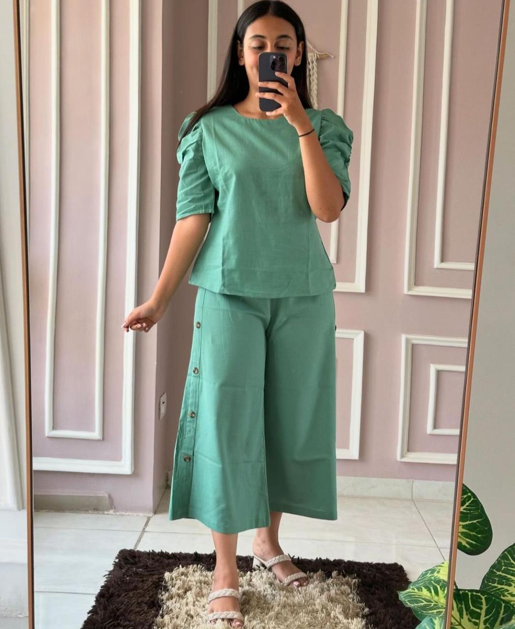 Cotton Puff Sleeve Coord Set with Culottes Palazzo Pant