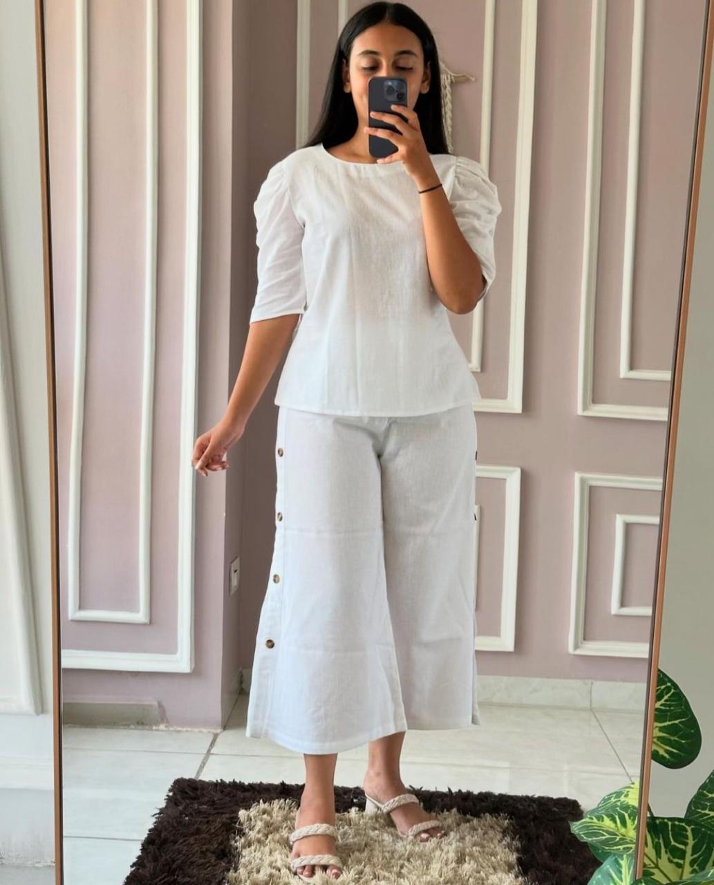 Cotton Puff Sleeve Coord Set with Culottes Palazzo Pant