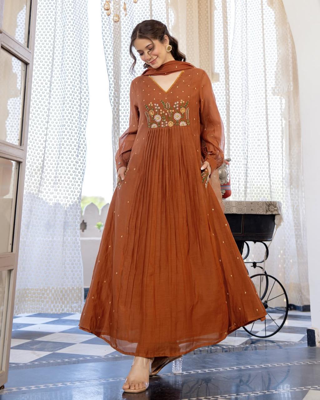 Cotton Embroidered Anarkali Kurta with Pant & Dupatta Set with Pocket