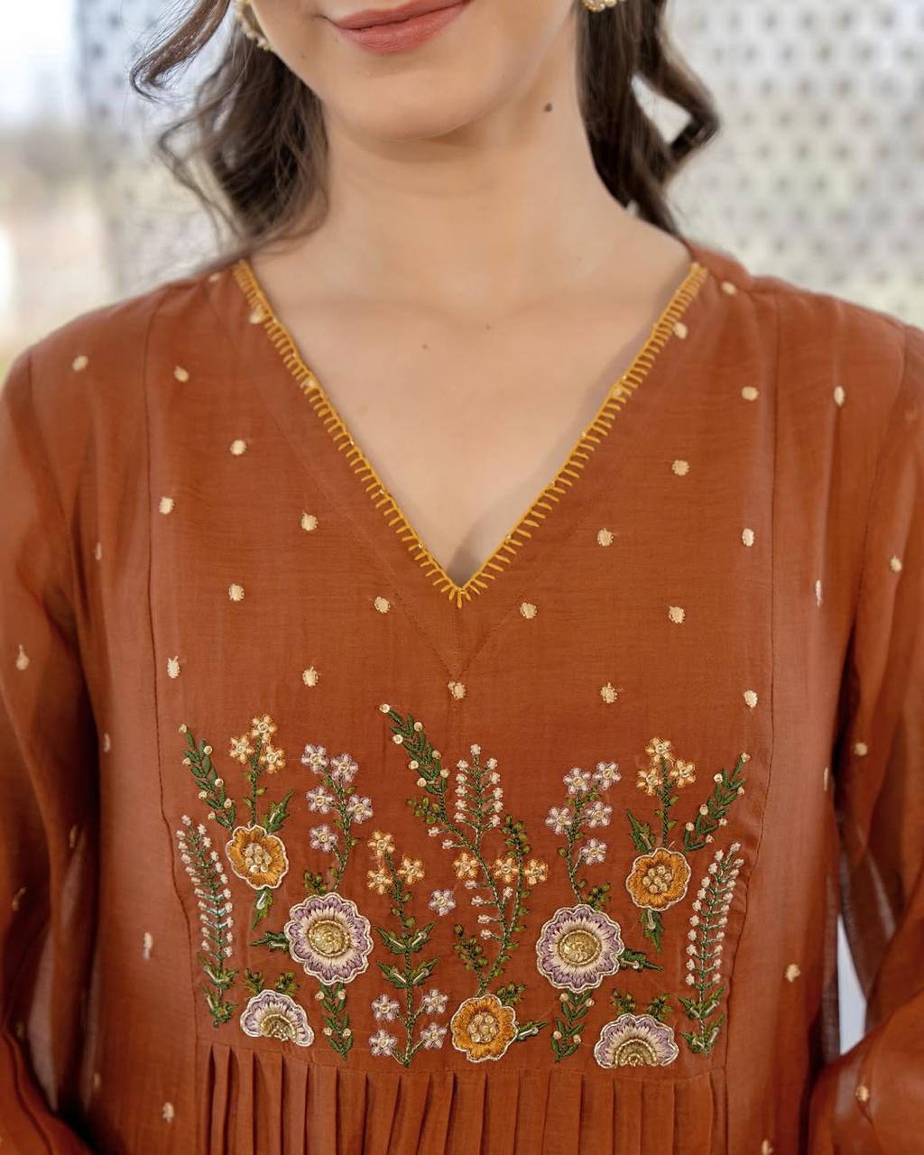 Cotton Embroidered Anarkali Kurta with Pant & Dupatta Set with Pocket