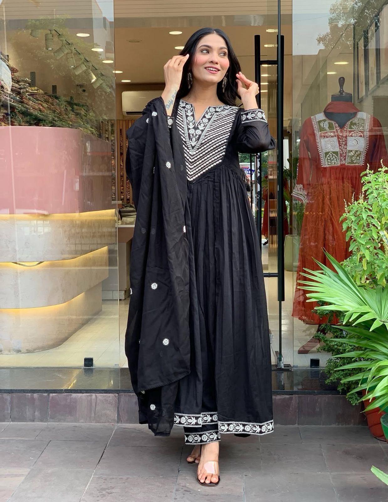 Cotton Embroidered Anarkali Suit Set with Pant & Dupatta