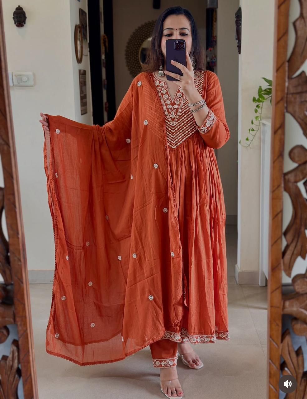 Cotton Embroidered Anarkali Suit Set with Pant & Dupatta