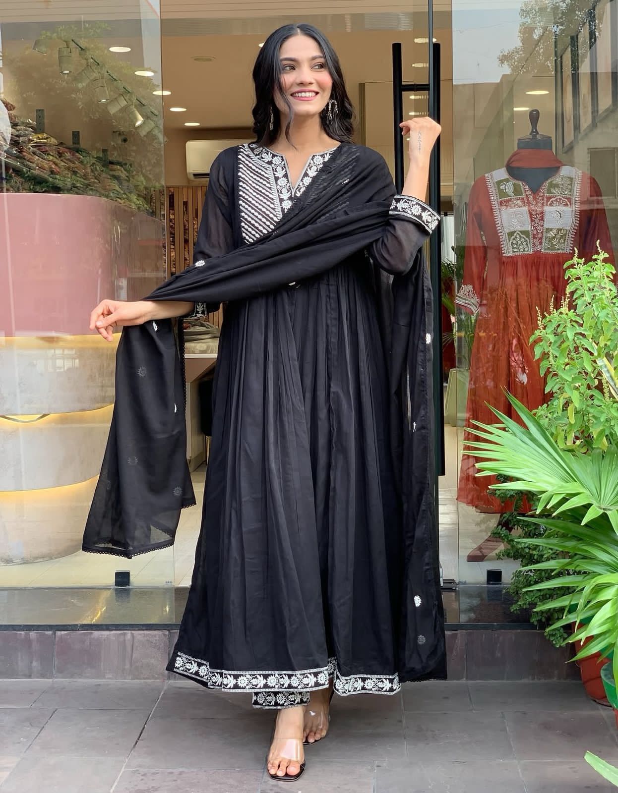 Cotton Embroidered Anarkali Suit Set with Pant & Dupatta