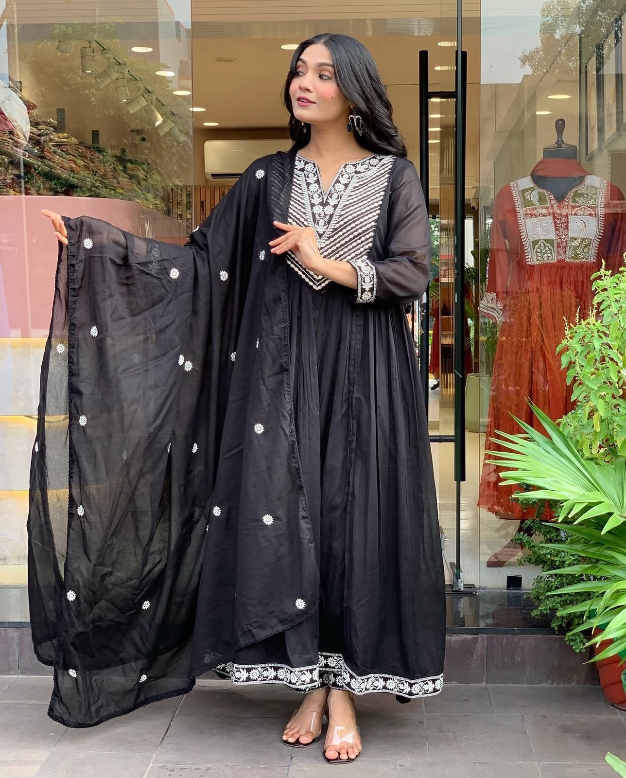 Cotton Embroidered Anarkali Suit Set with Pant & Dupatta
