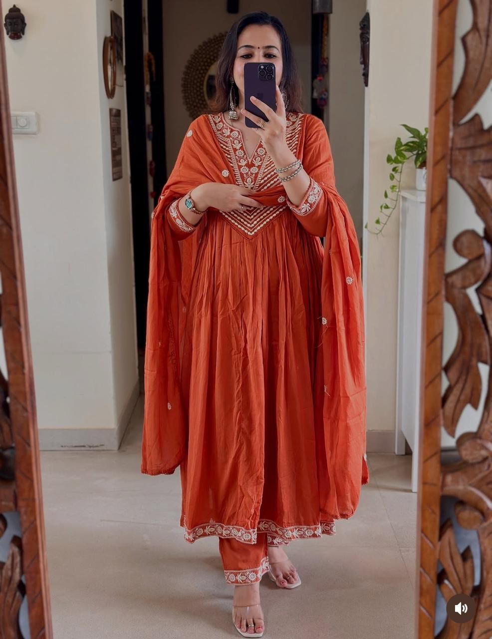Cotton Embroidered Anarkali Suit Set with Pant & Dupatta