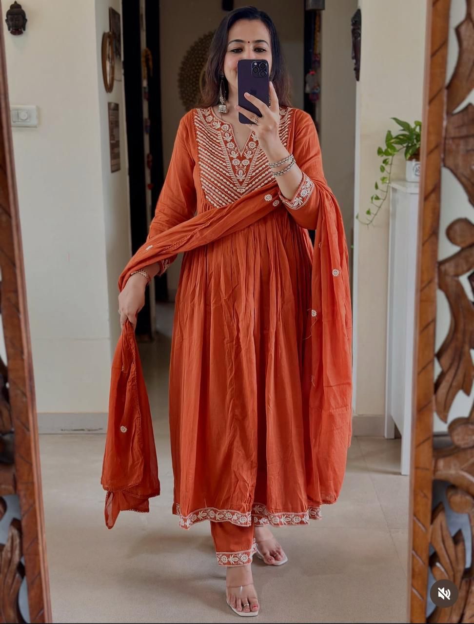 Cotton Embroidered Anarkali Suit Set with Pant & Dupatta