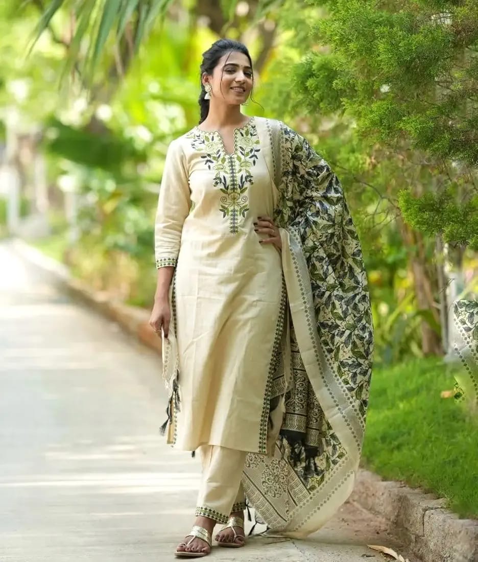 Cotton Embroidered Kurta Set with Silk Dupatta
