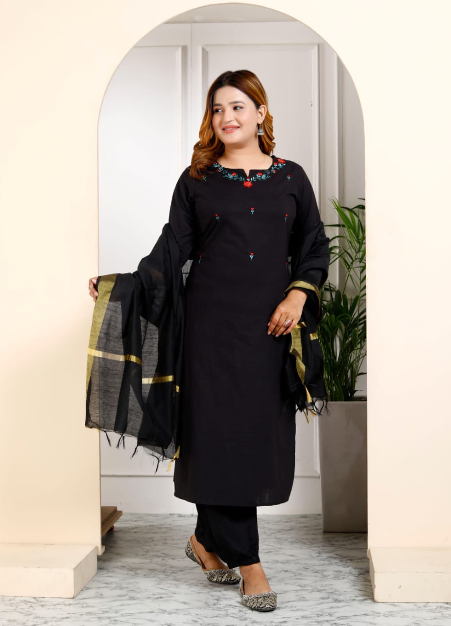 Cotton Embroidered Kurti Pant Dupatta Set for Women – Fully Stitched