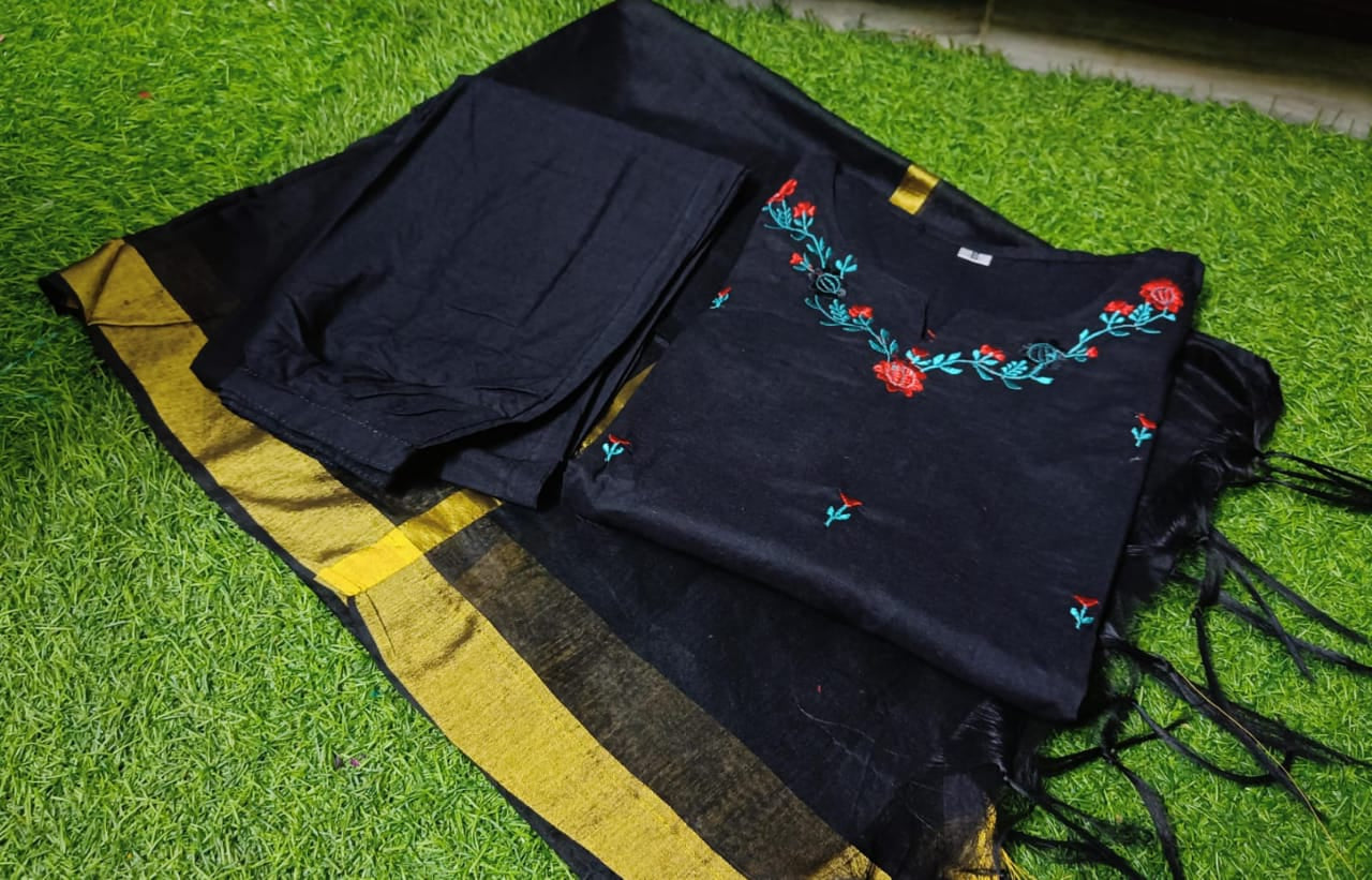 Cotton Embroidered Kurti Pant Dupatta Set for Women – Fully Stitched