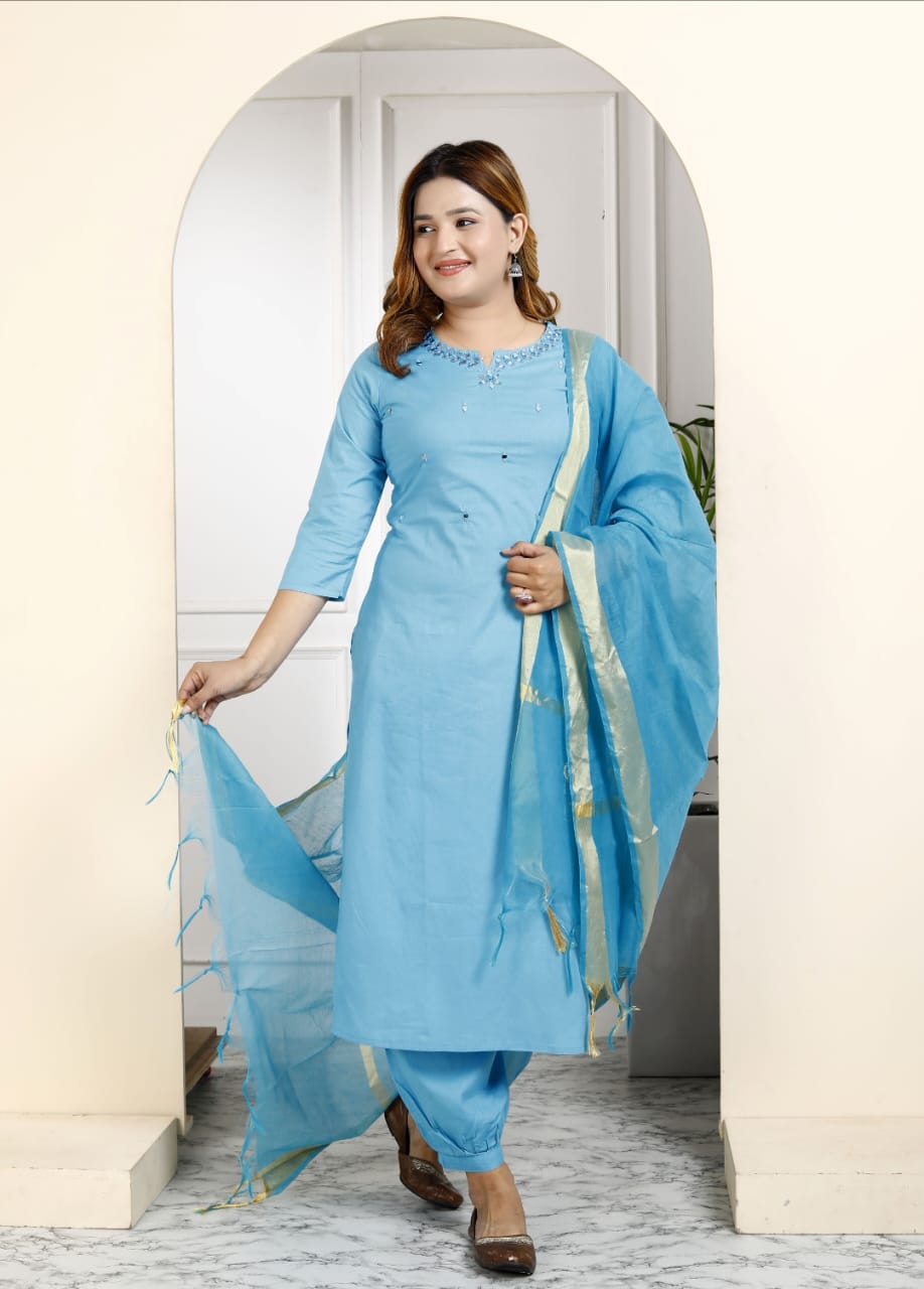 Cotton Embroidered Kurti Pant Dupatta Set for Women – Fully Stitched