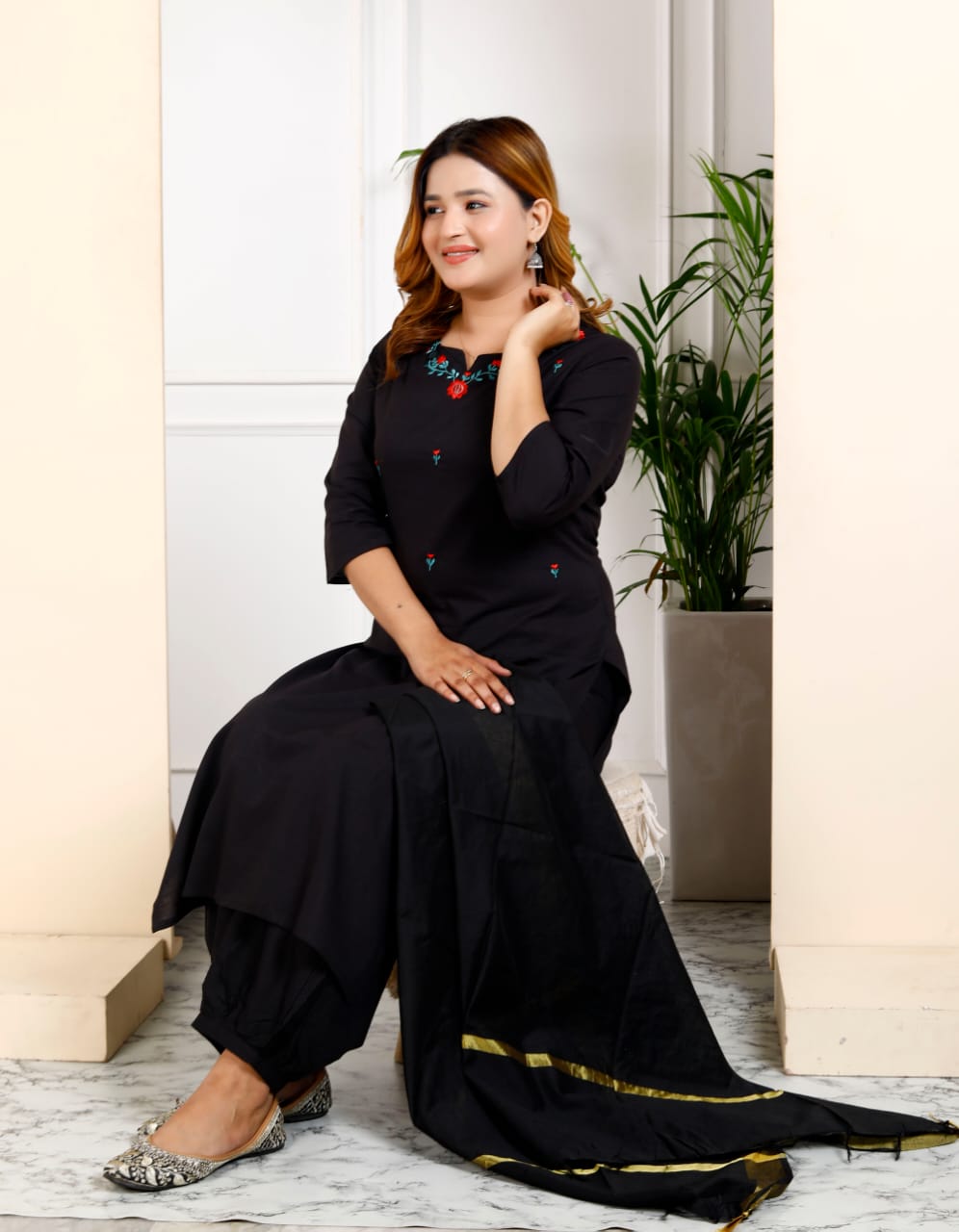 Cotton Embroidered Kurti Pant Dupatta Set for Women – Fully Stitched