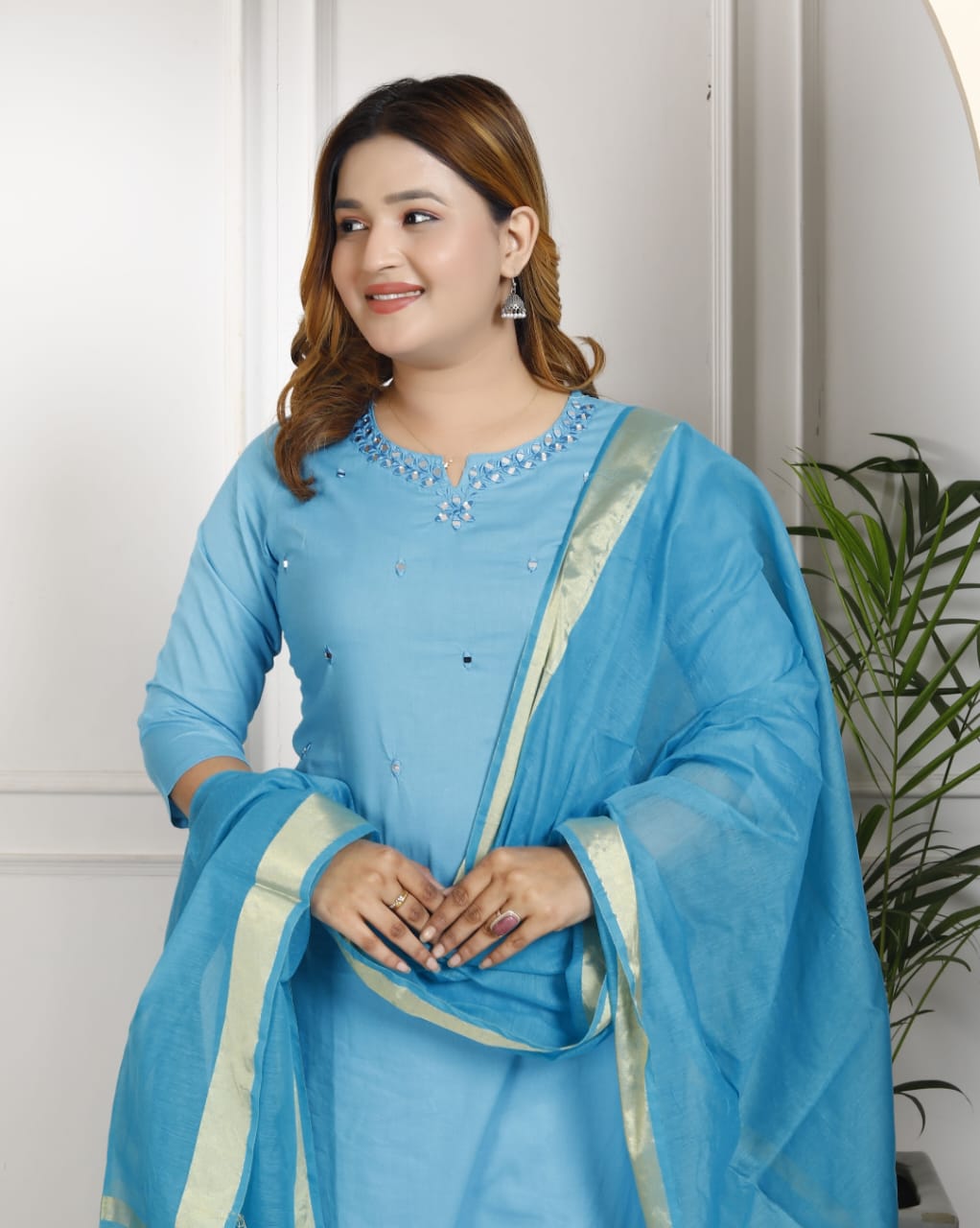 Cotton Embroidered Kurti Pant Dupatta Set for Women – Fully Stitched