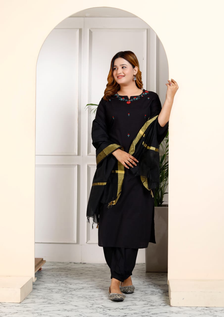 Cotton Embroidered Kurti Pant Dupatta Set for Women – Fully Stitched