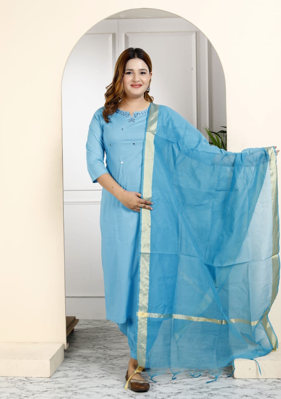 Cotton Embroidered Kurti Pant Dupatta Set for Women – Fully Stitched