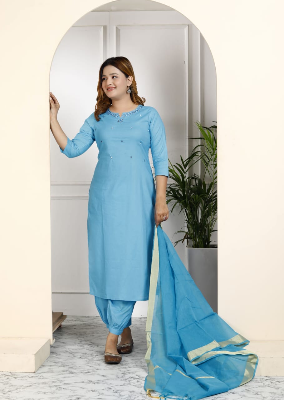 Cotton Embroidered Kurti Pant Dupatta Set for Women – Fully Stitched