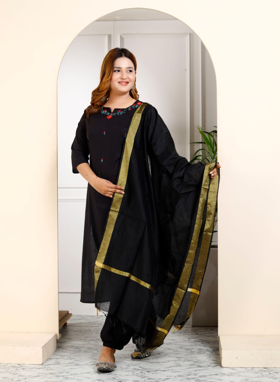Cotton Embroidered Kurti Pant Dupatta Set for Women – Fully Stitched