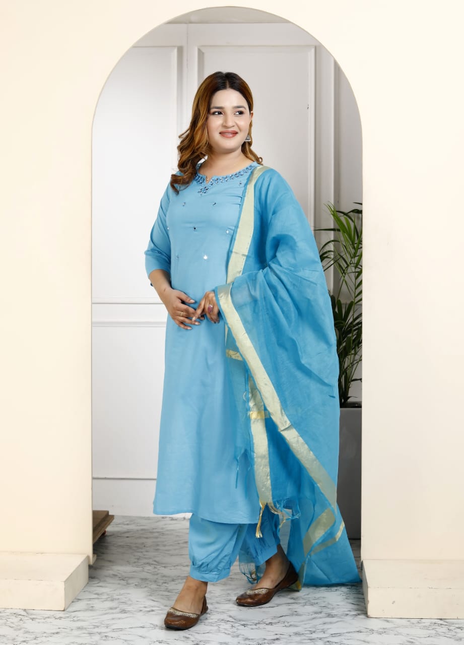 Cotton Embroidered Kurti Pant Dupatta Set for Women – Fully Stitched