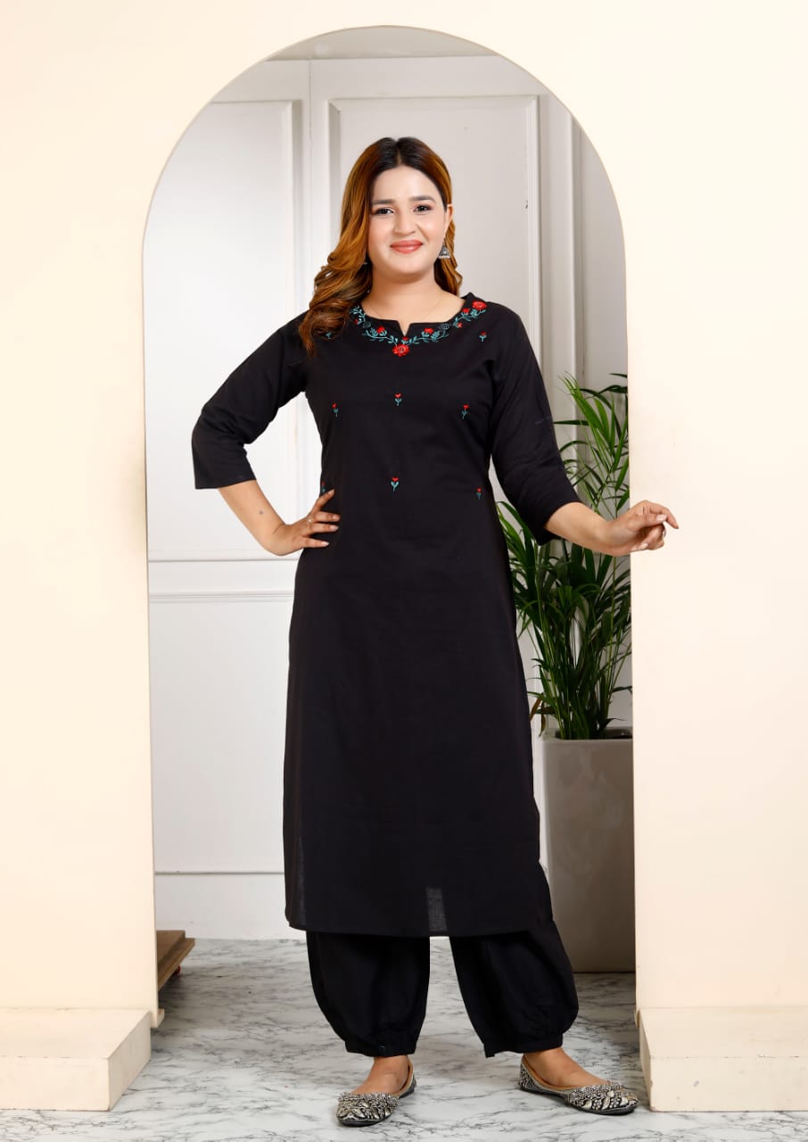 Cotton Embroidered Kurti Pant Dupatta Set for Women – Fully Stitched