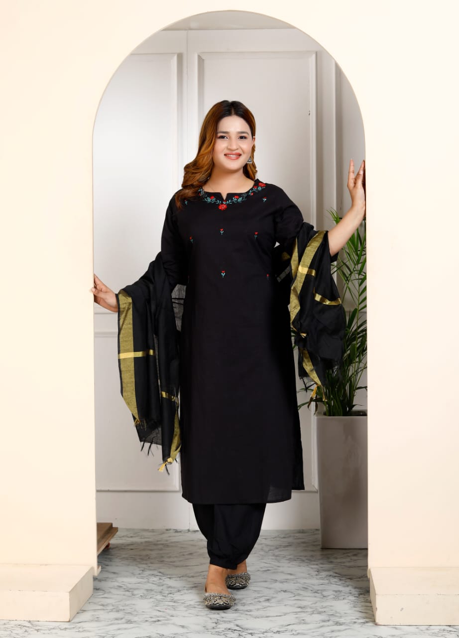 Cotton Embroidered Kurti Pant Dupatta Set for Women – Fully Stitched