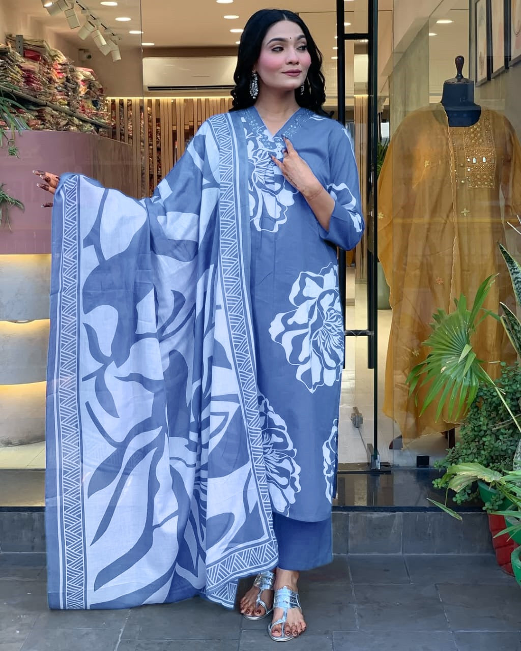 Cotton Embroidered Kurti Pant Dupatta Set