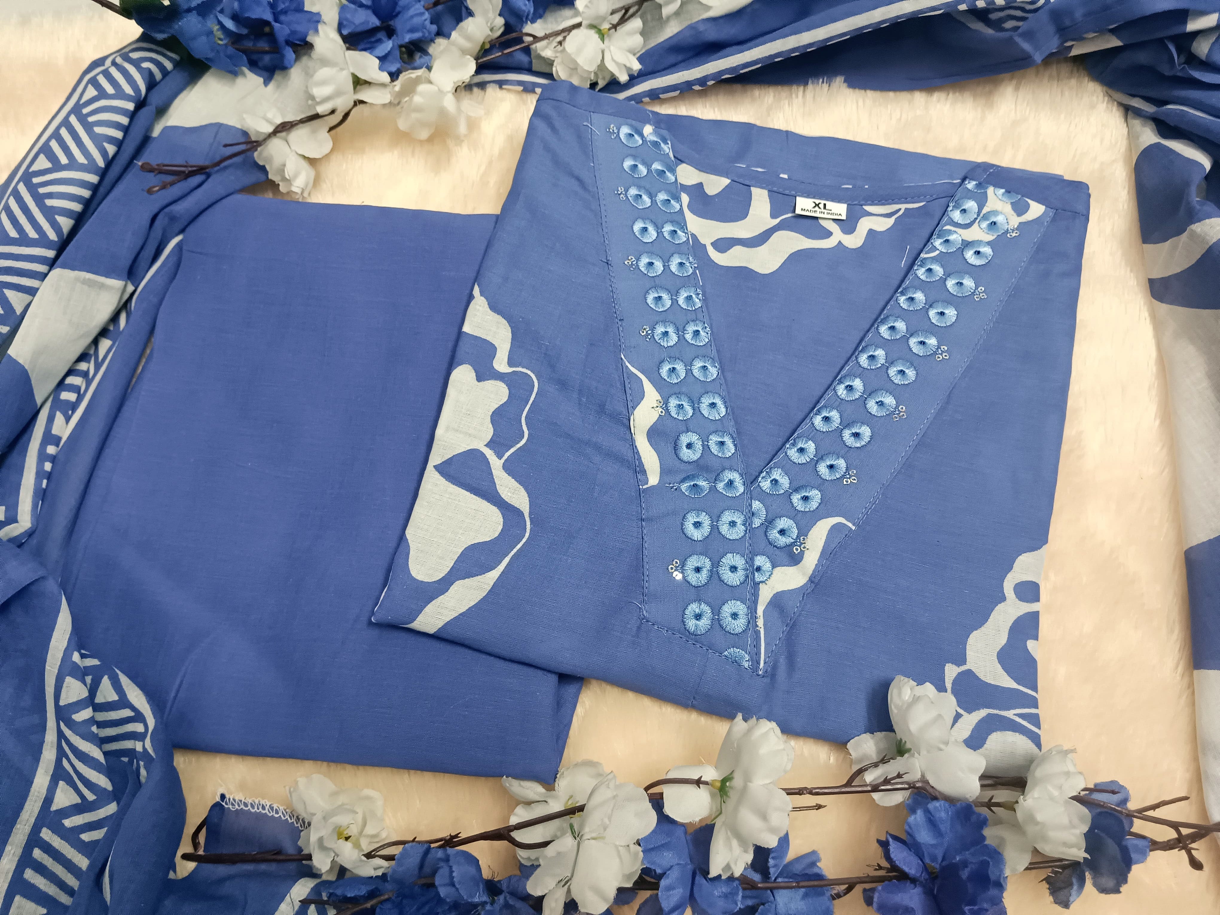 Cotton Embroidered Kurti Pant Dupatta Set