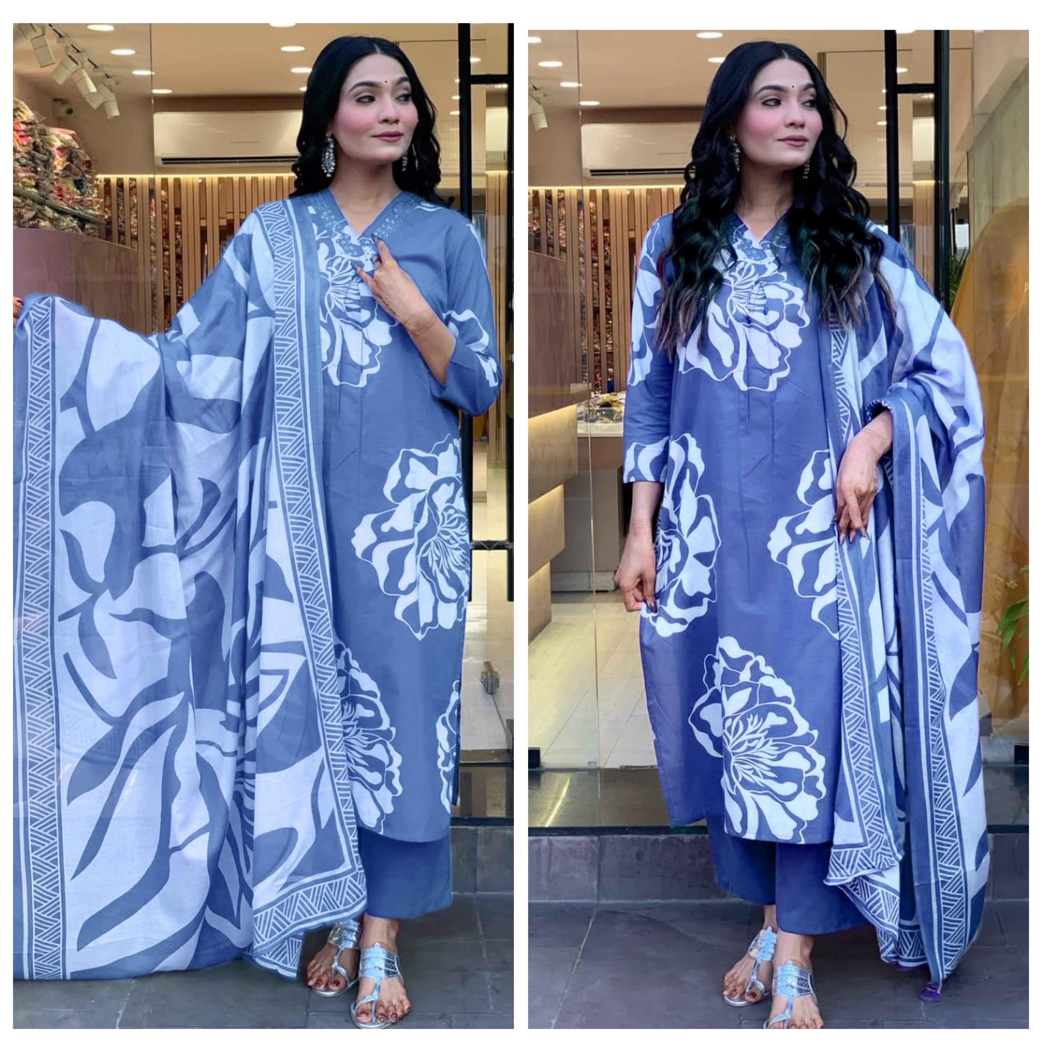 Cotton Embroidered Kurti Pant Dupatta Set