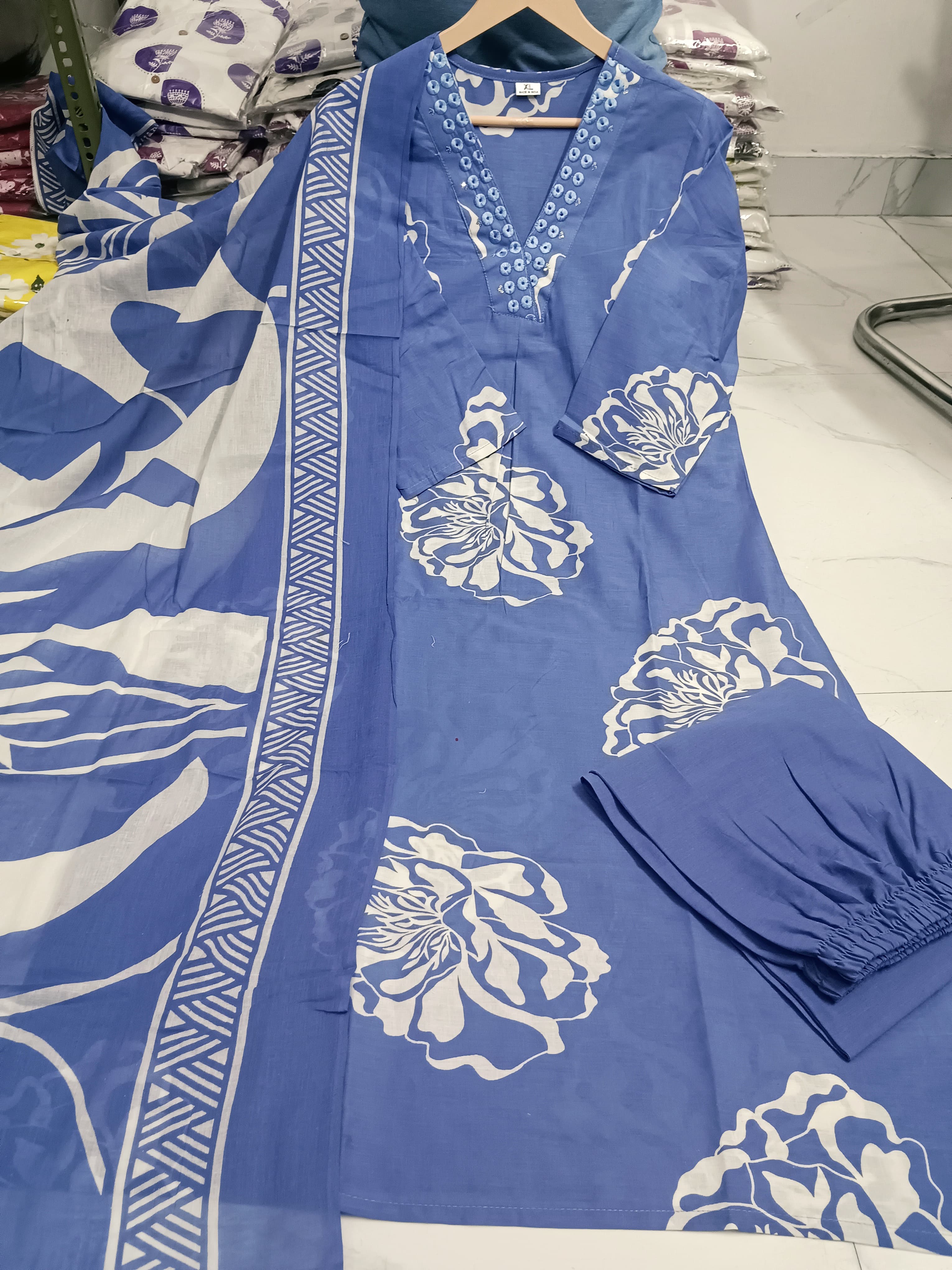 Cotton Embroidered Kurti Pant Dupatta Set