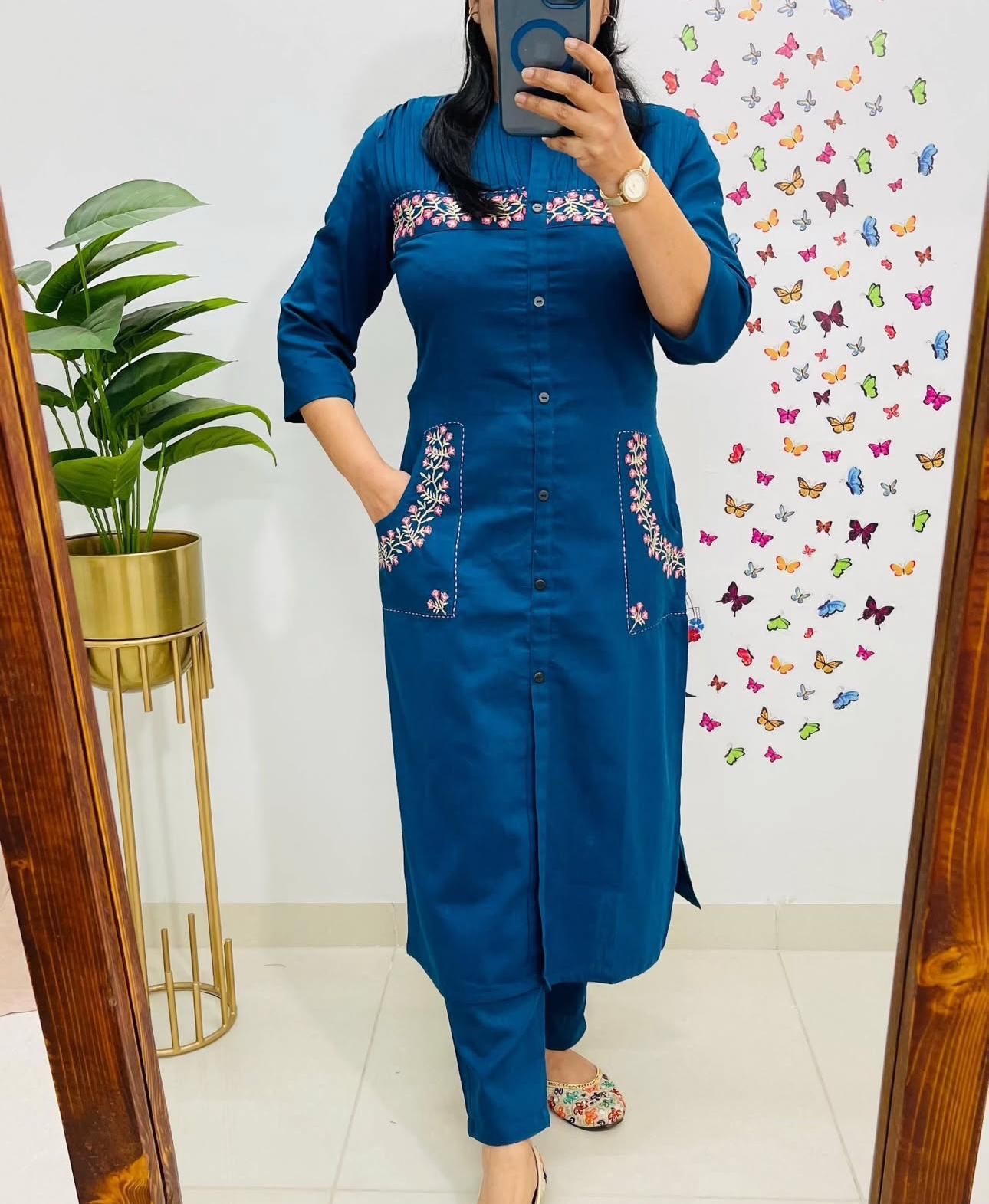 Cotton Embroidered Kurti with 2 Side Pockets & Pant Set