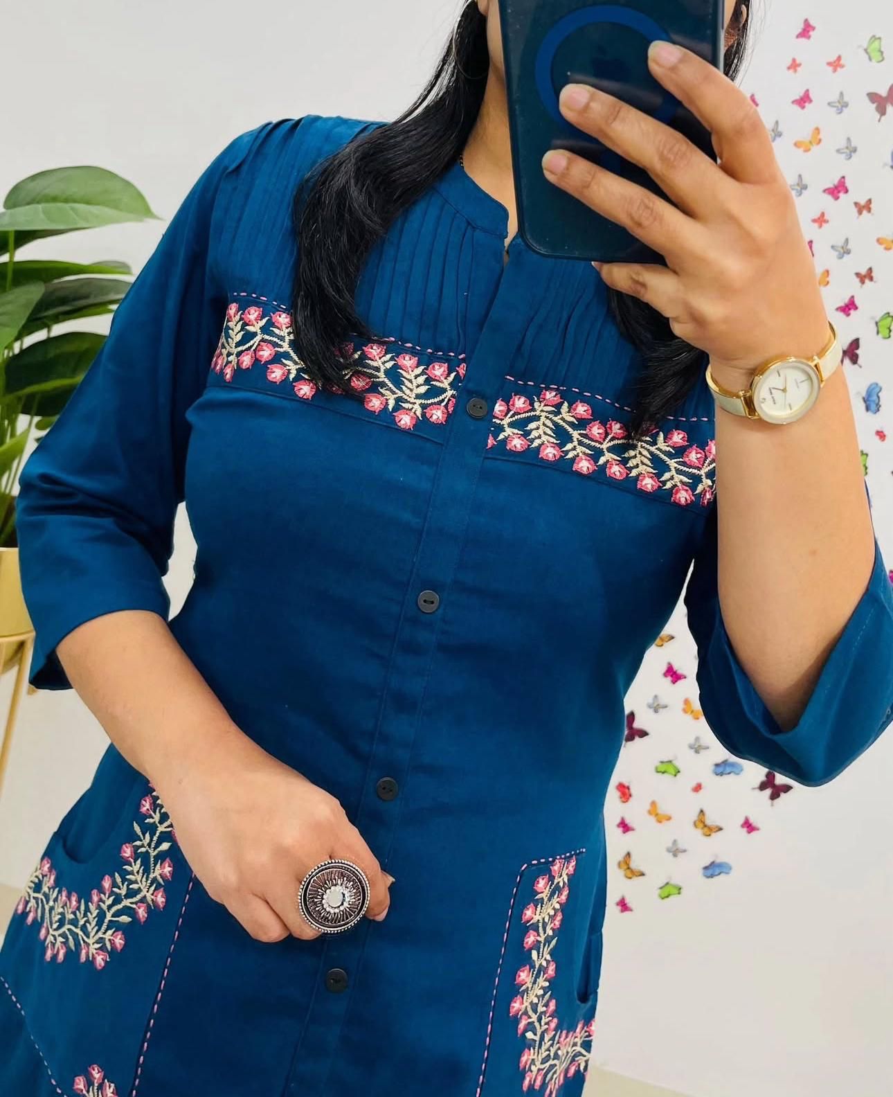 Cotton Embroidered Kurti with 2 Side Pockets & Pant Set