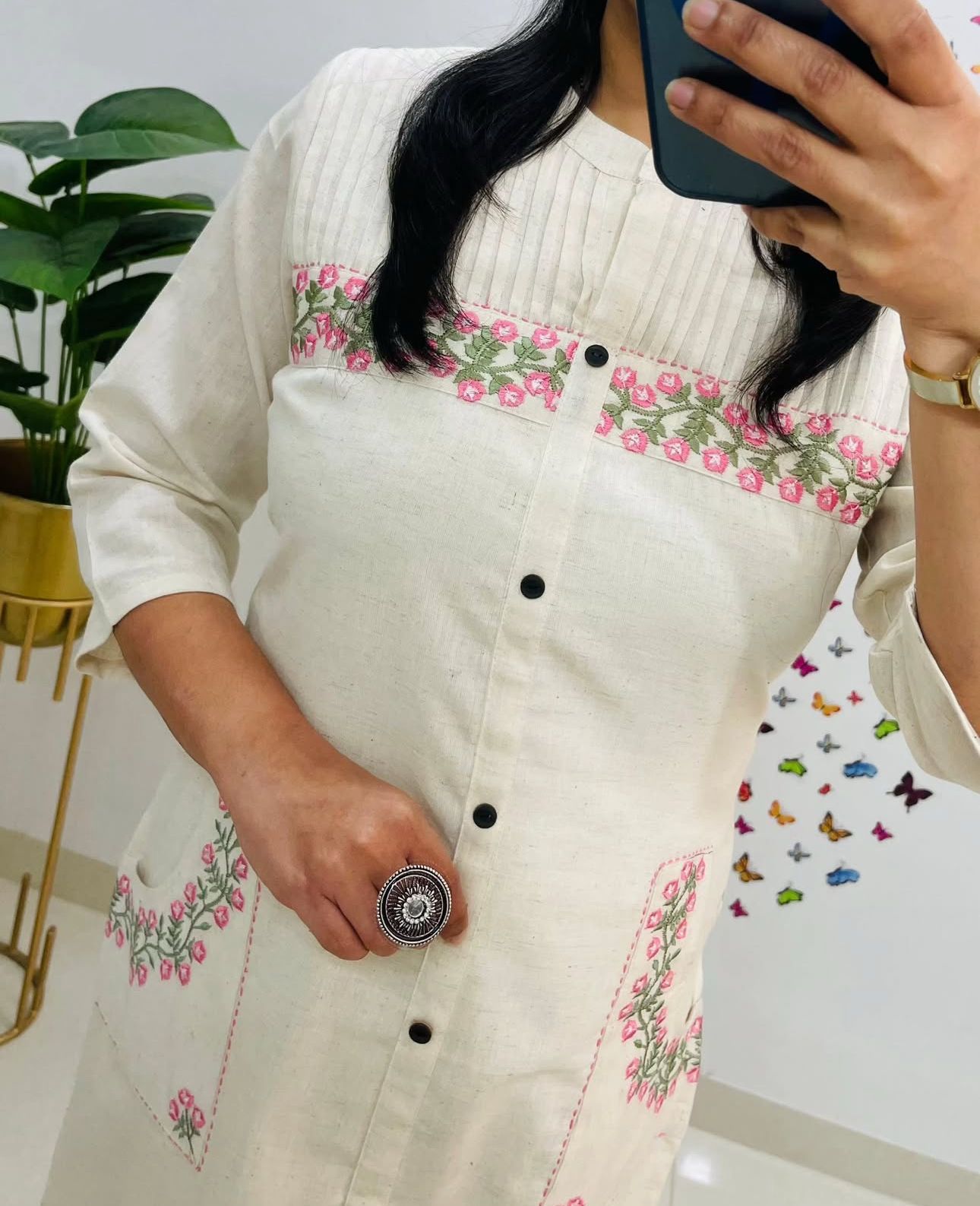 Cotton Embroidered Kurti with 2 Side Pockets & Pant Set
