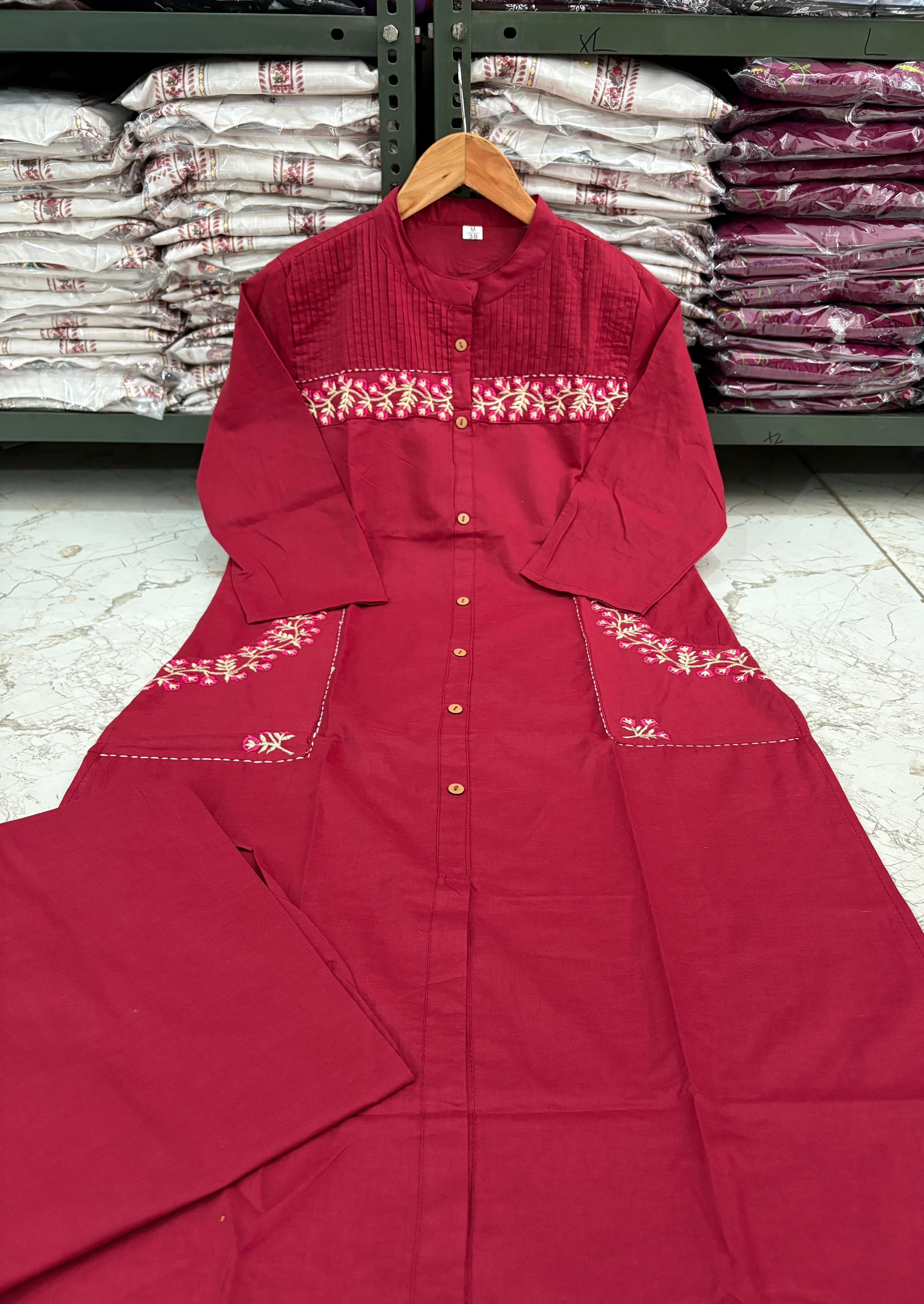 Cotton Embroidered Kurti with 2 Side Pockets & Pant Set