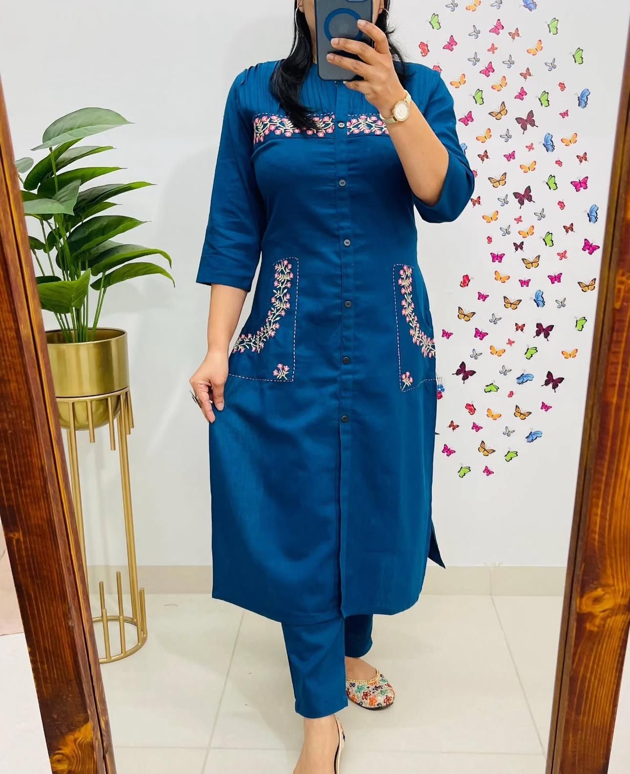Cotton Embroidered Kurti with 2 Side Pockets & Pant Set