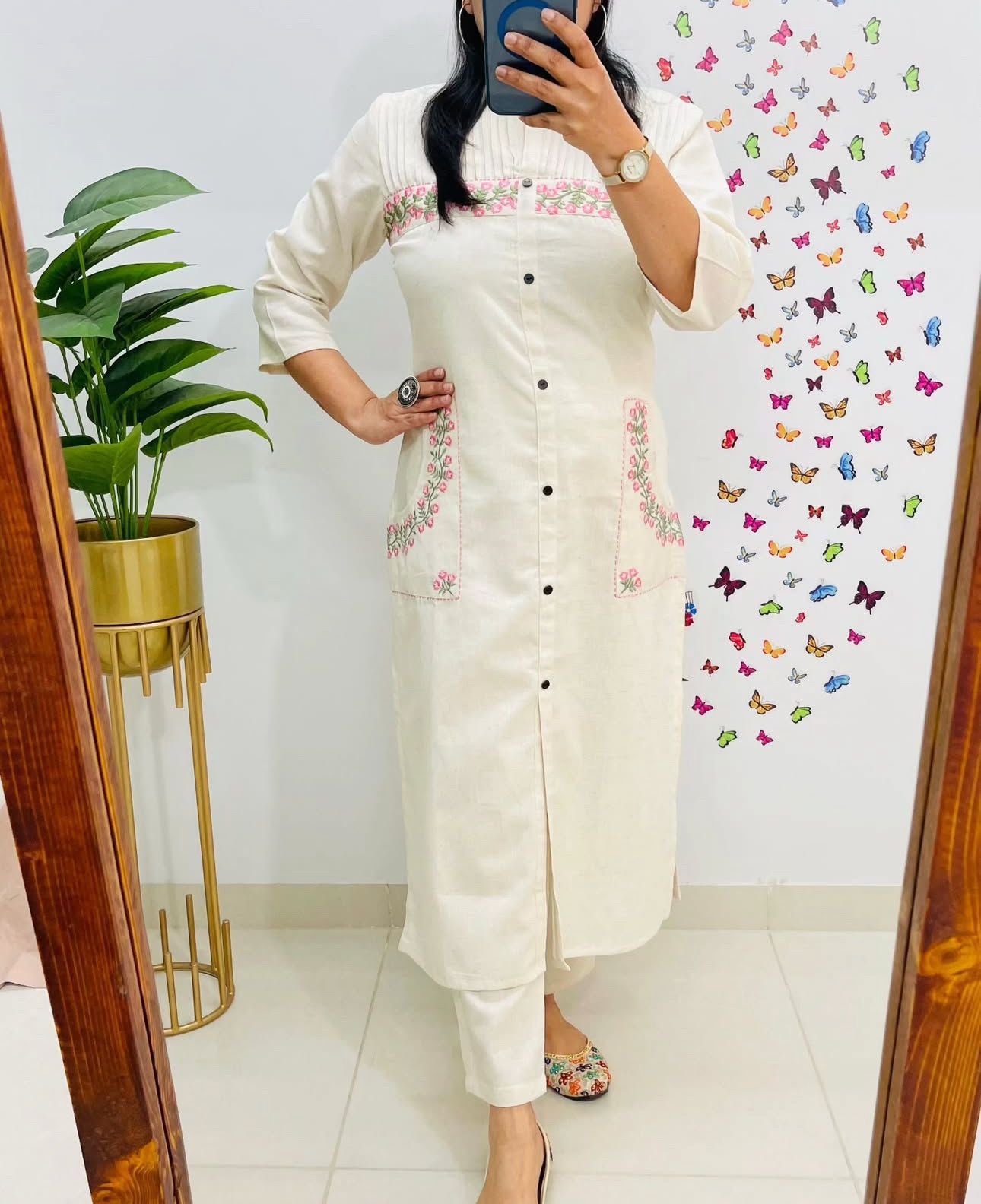 Cotton Embroidered Kurti with 2 Side Pockets & Pant Set