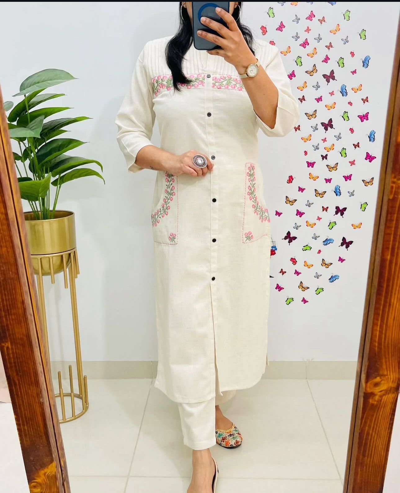Cotton Embroidered Kurti with 2 Side Pockets & Pant Set