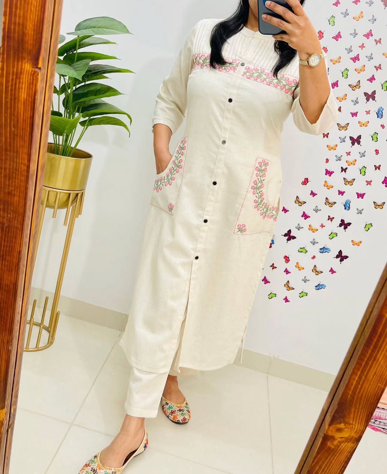 Cotton Embroidered Kurti with 2 Side Pockets & Pant Set