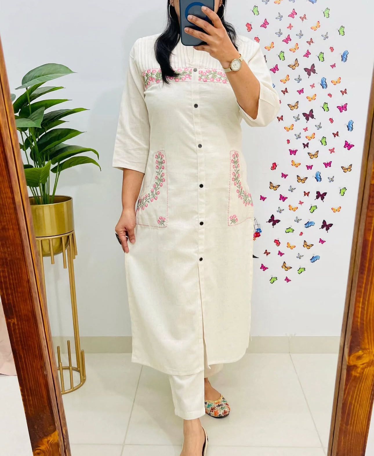 Cotton Embroidered Kurti with 2 Side Pockets & Pant Set