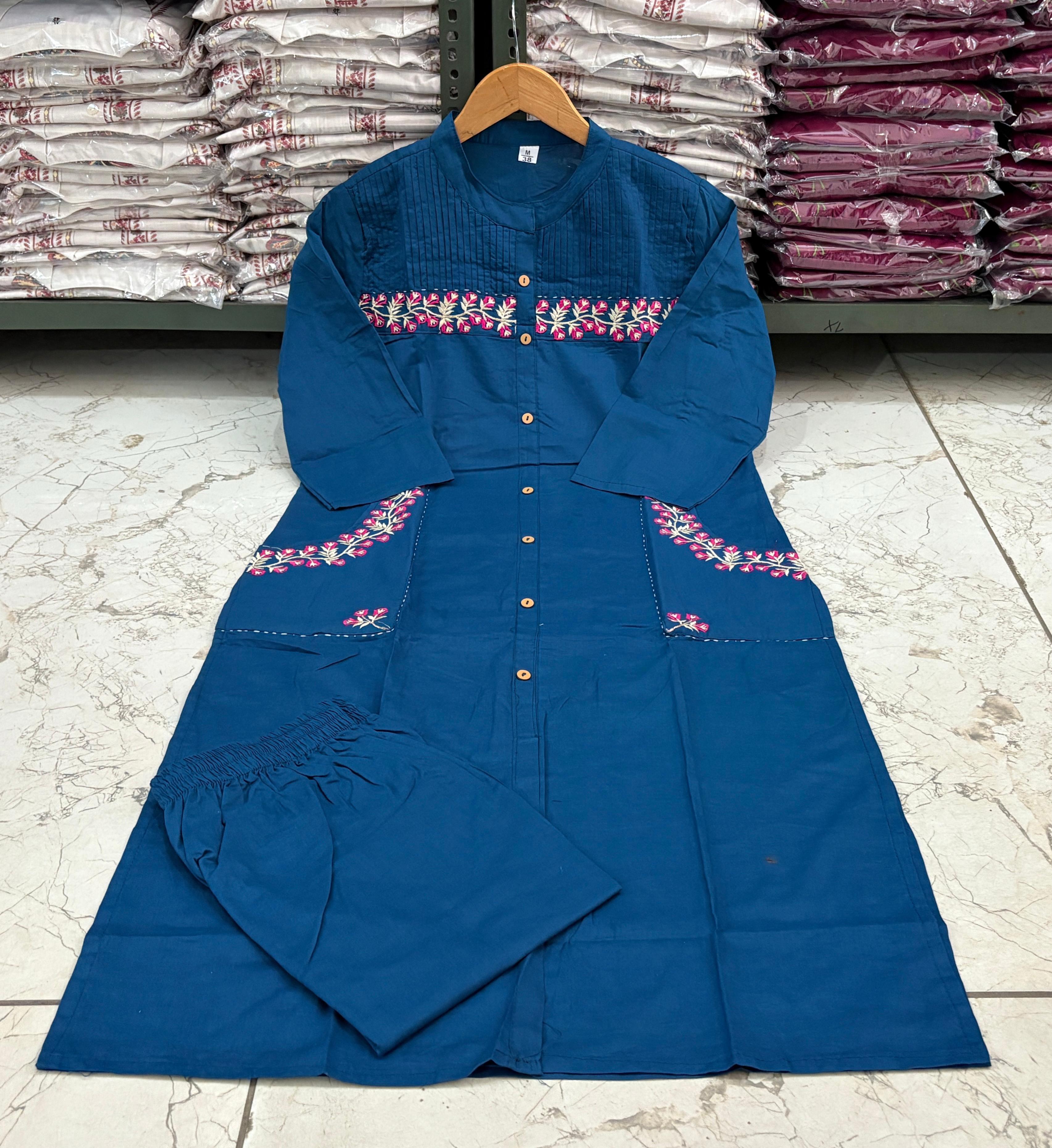 Cotton Embroidered Kurti with 2 Side Pockets & Pant Set