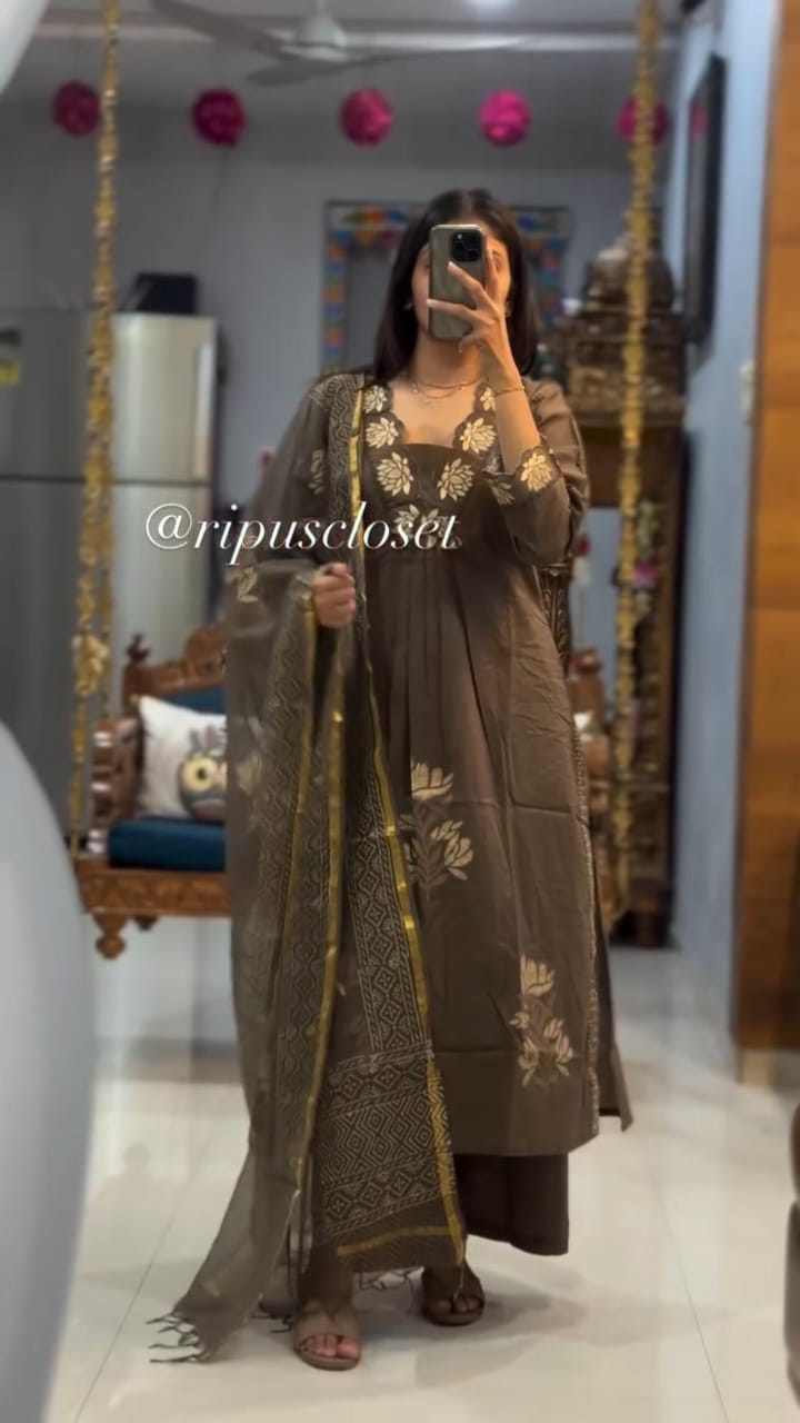 Cotton Embroidered Suit Set with Pant & Printed Dupatta
