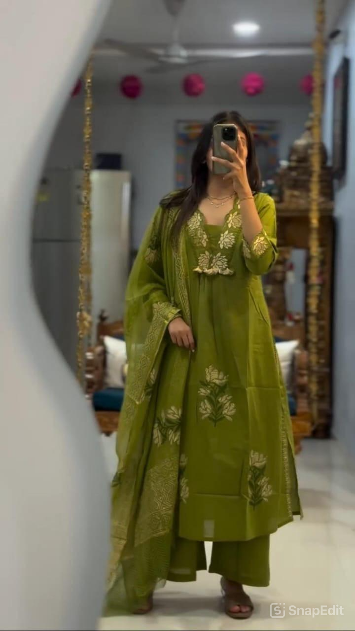 Cotton Embroidered Suit Set with Pant & Printed Dupatta