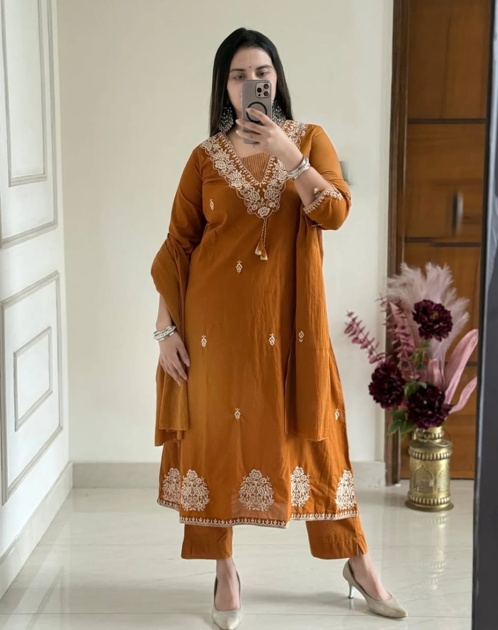 Cotton Embroidery Suit Set with Pant & Dupatta (3 Piece)