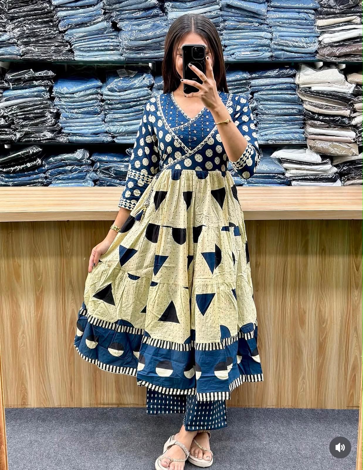 Cotton Flair Ghera Kurti Set with Printed Pant & Mal Mal Dupatta