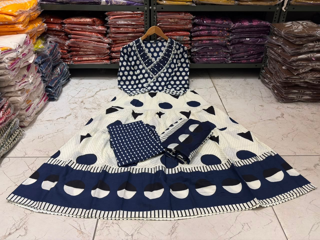Cotton Flair Ghera Kurti Set with Printed Pant & Mal Mal Dupatta
