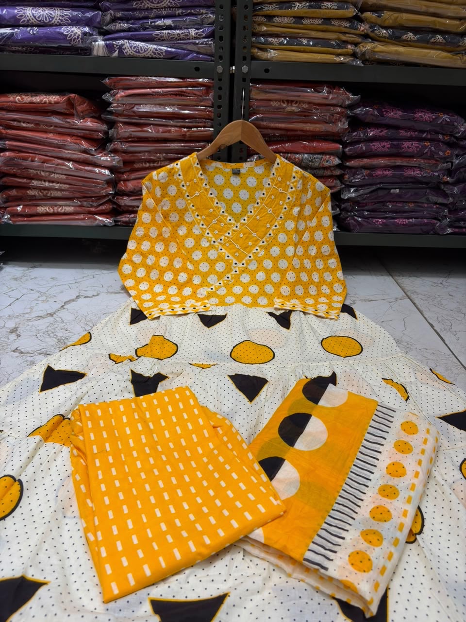 Cotton Flair Ghera Kurti Set with Printed Pant & Mal Mal Dupatta