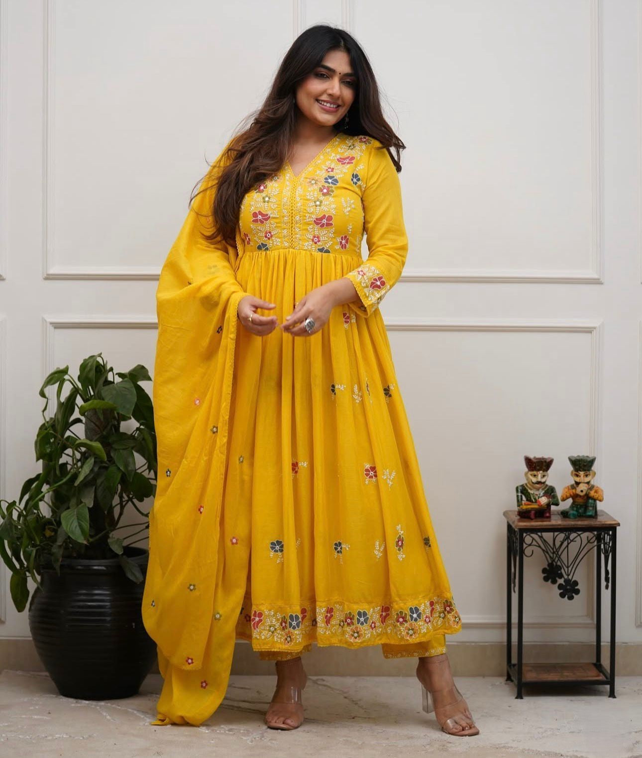 Cotton Flairy Kurti Pant Set with Embroidery & Mal Mal Dupatta