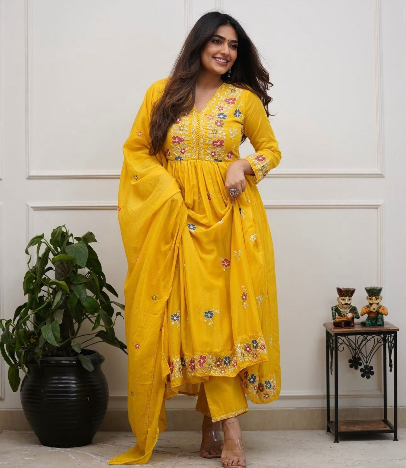 Cotton Flairy Kurti Pant Set with Embroidery & Mal Mal Dupatta