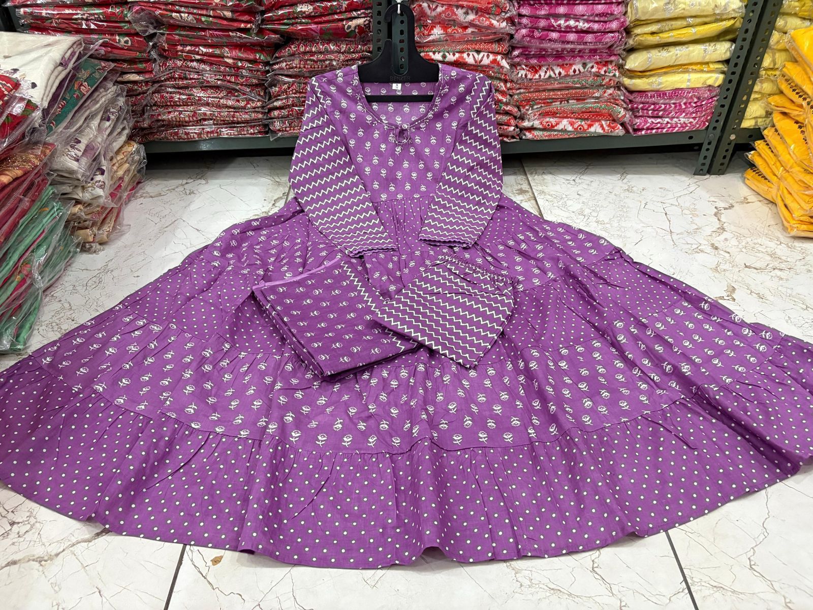 Cotton Flared Anarkali Kurta Set with Work Neckline & Dupatta