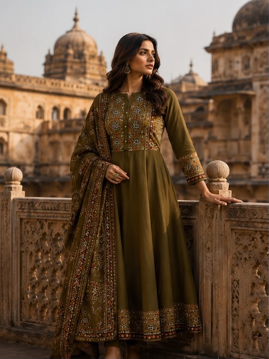 Cotton Flared Anarkali Suit Set with Printed Dupatta
