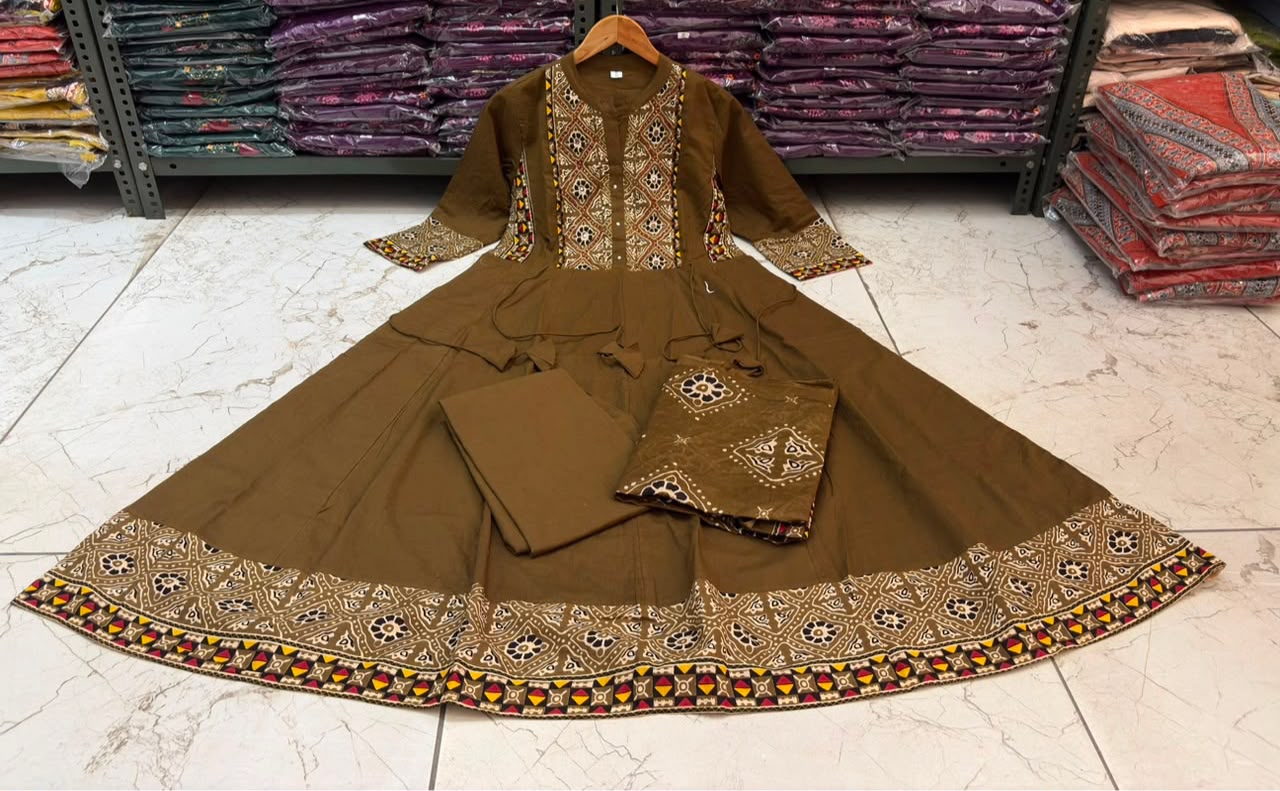 Cotton Flared Anarkali Suit Set with Printed Dupatta