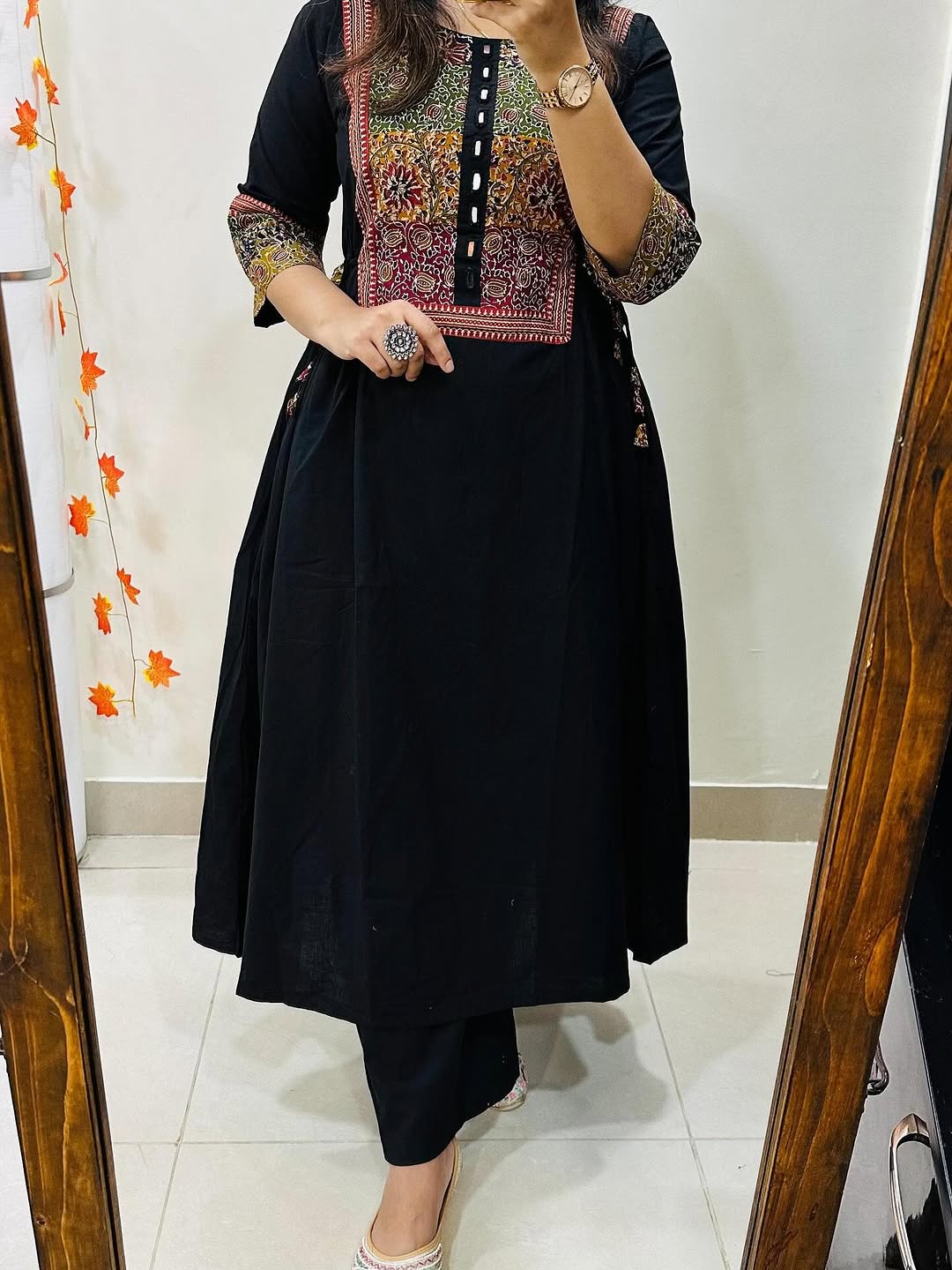Cotton Flared Kurti Palazzo Set with Mirror Work & Tassels